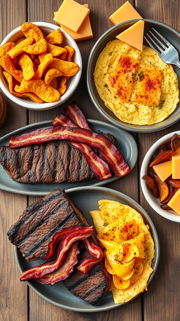 A variety of carnivore keto meals including steak, bacon, omelet, pork rinds, and cheese on a wooden table.